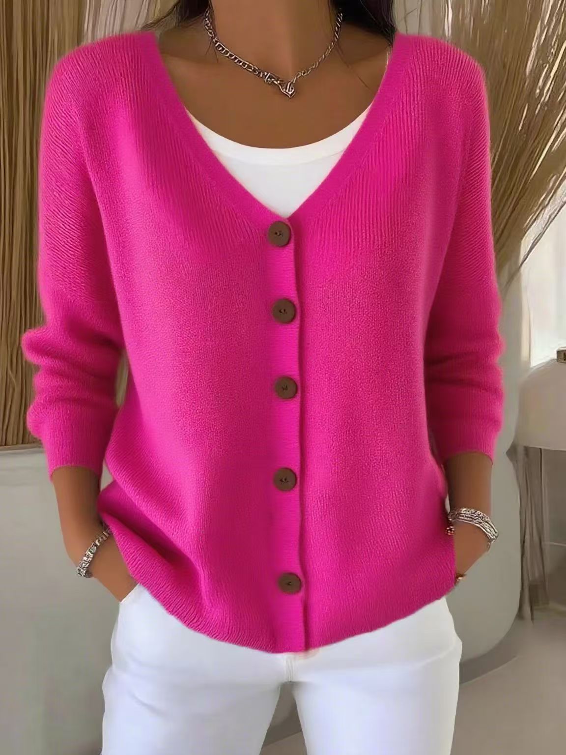 V-Neck Button-Up Knit Cardigan