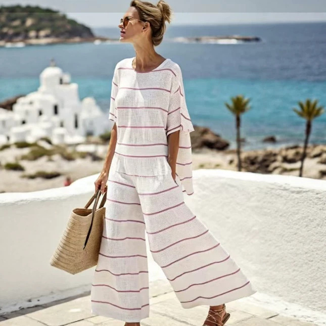 Striped Bohemian Print Short Sleeve Top & Pants Casual Set