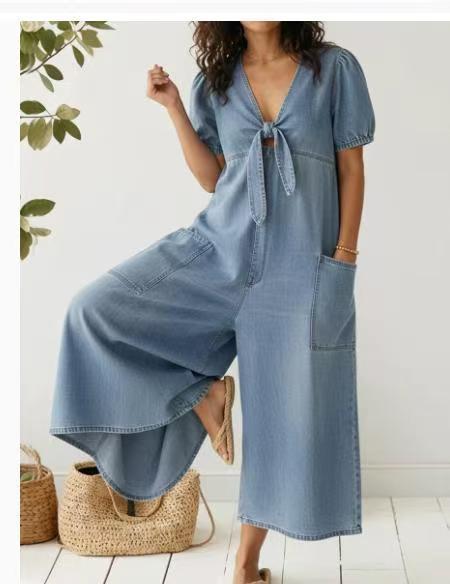 Women's Casual Loose Short Sleeve V-Neck Washed Denim Jumpsuit with Pockets
