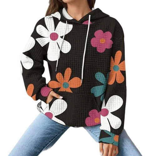 Women's Floral Print Casual Hoodie Long Sleeve Crew Neck