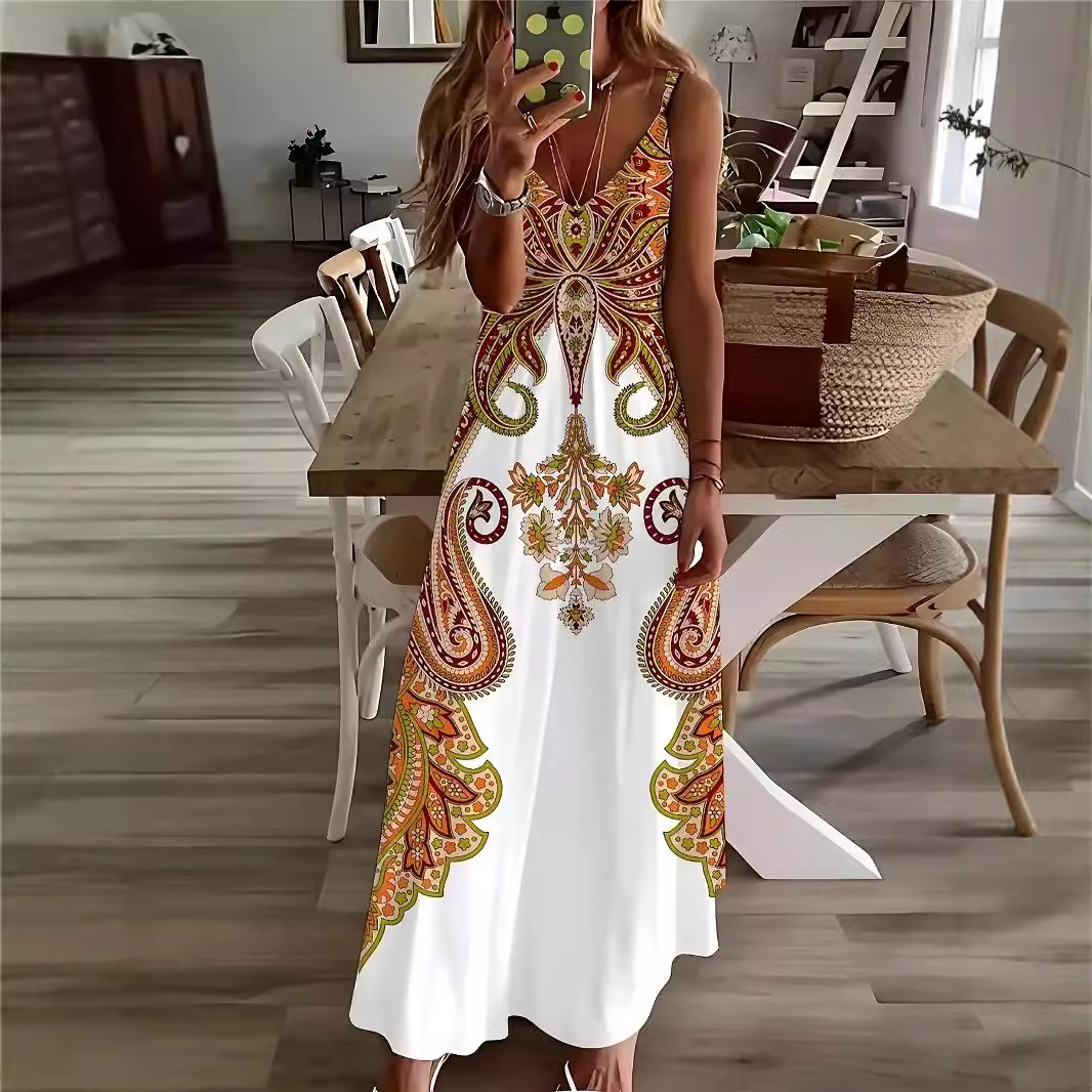 Floral Print V-Neck Cami Dress Bohemian Vacation Long Dress