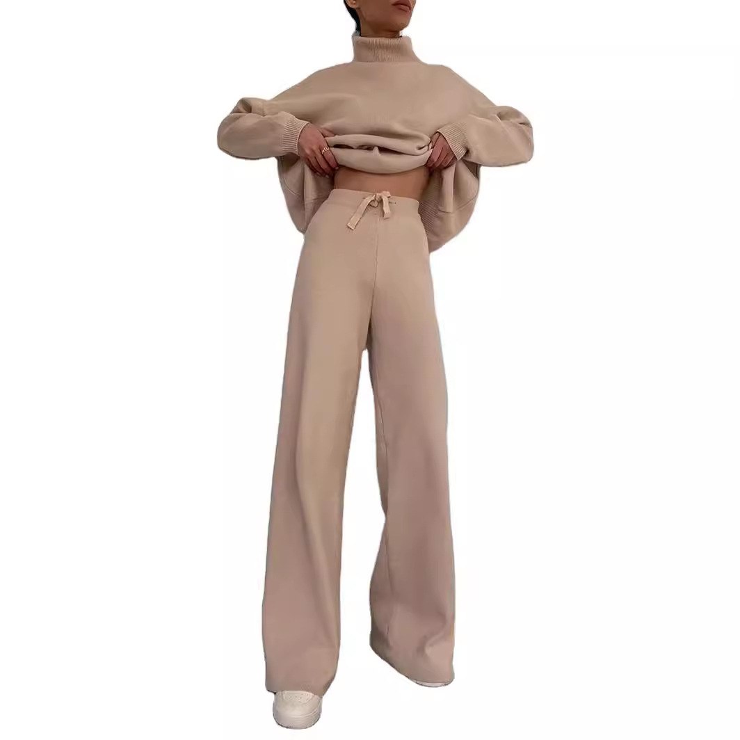 Women's Brown High Neck Long Sleeve Wide Leg Pants Two-Piece Sweatsuit
