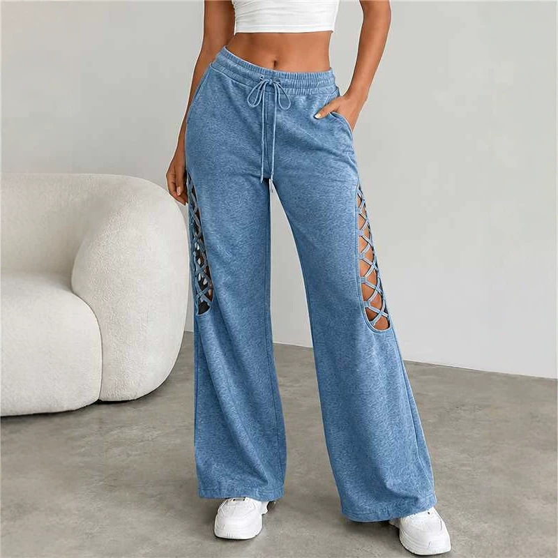 Women's Elastic Waist Wide-Leg Pants with Cutout Splicing, Loose Casual Vacation Trousers
