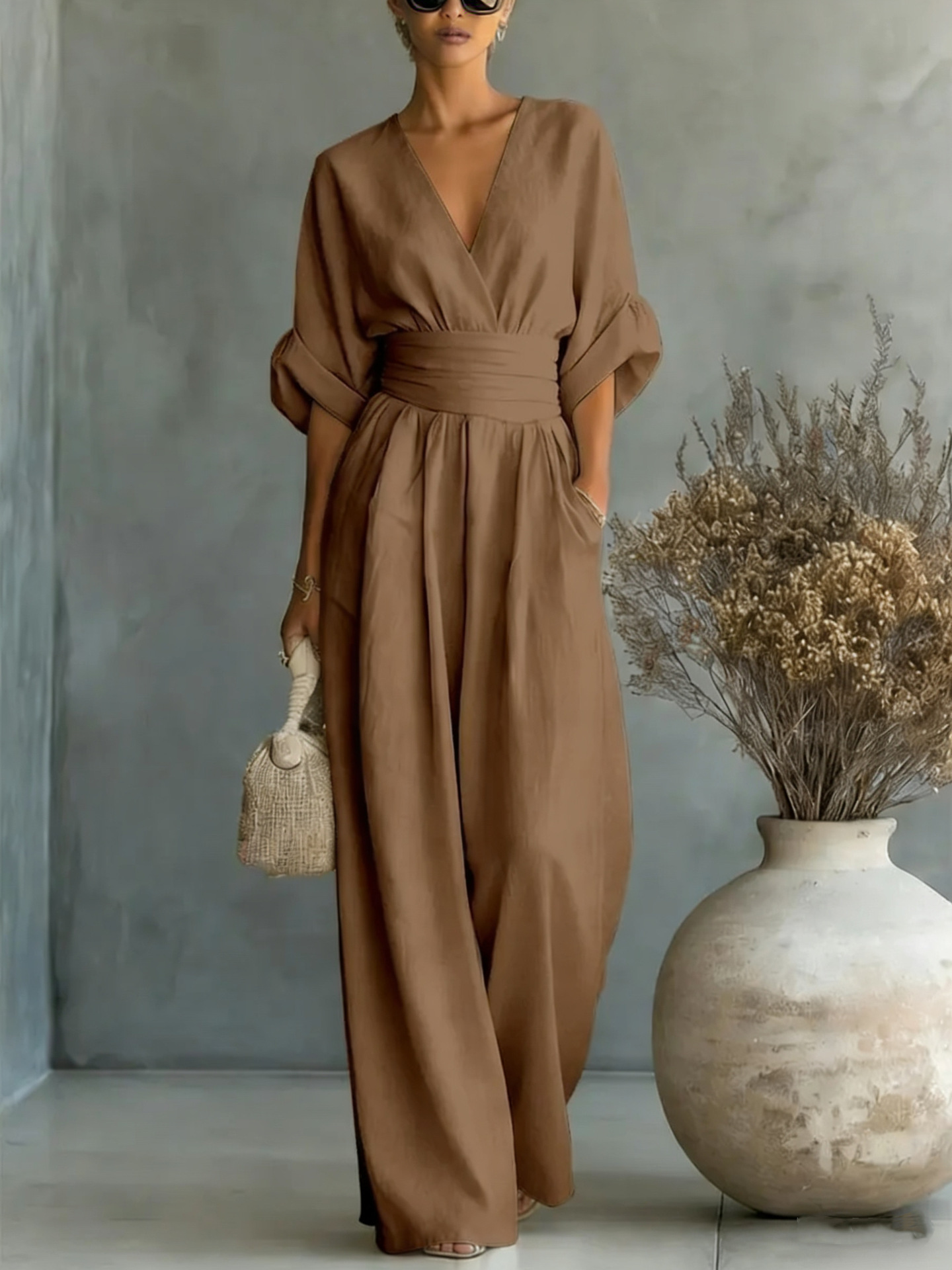 Elegant V-Neck Cinched Waist Wide-Leg Jumpsuit