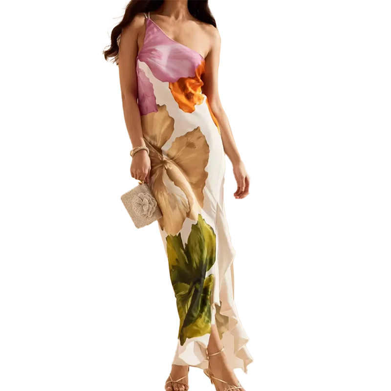 Women's One-Shoulder Printed Maxi Dress Elegant Sleeveless