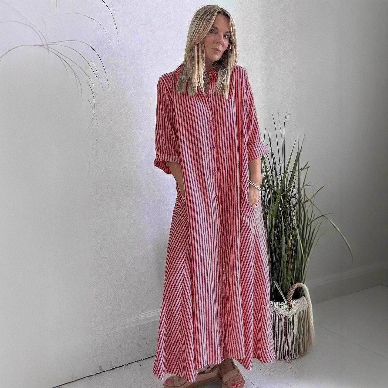 Striped Collared Midi Dress with Three-Quarter Sleeves and Button Front