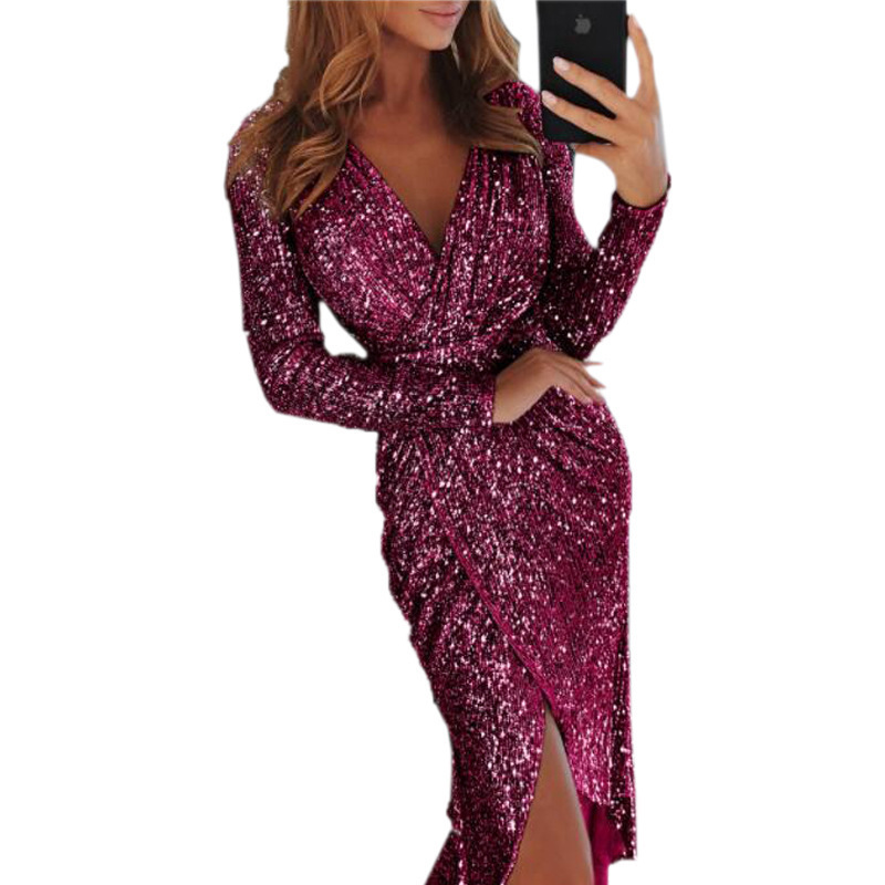 Women's Metallic Shiny Long Sleeve V-Neck Midi Dress