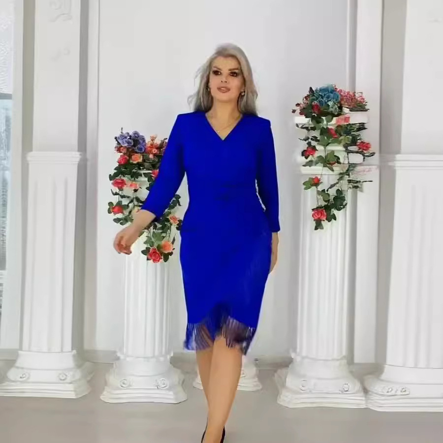 Women's Solid Color V-Neck A-Line Midi Dress with Flared Skirt