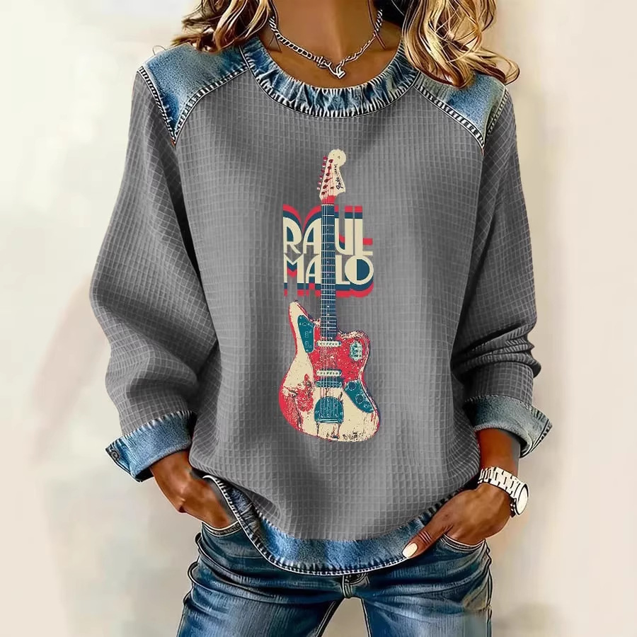 Women's Casual Crewneck Sweatshirt with 3D Digital Print Denim Splicing Waffle Knit