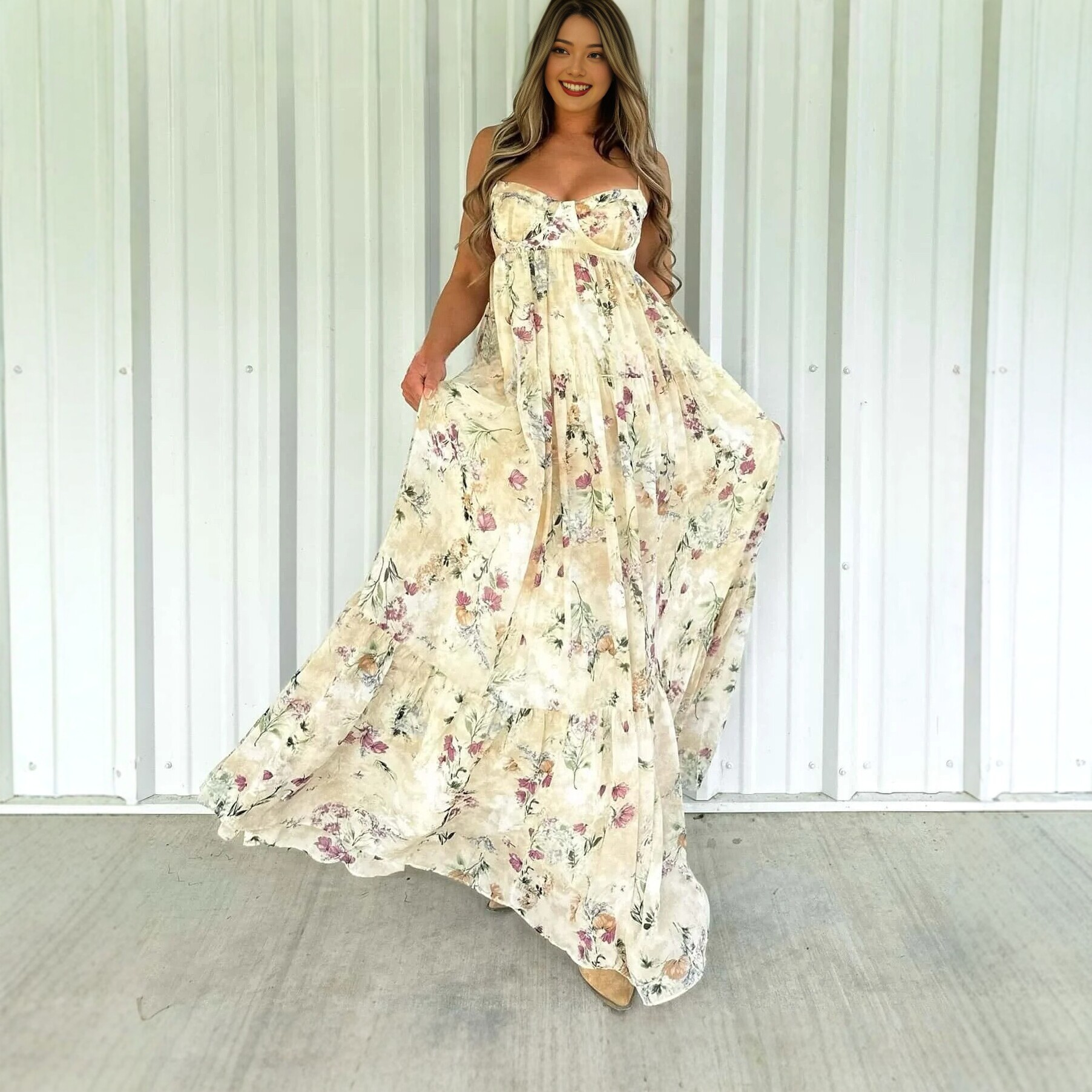 Women's Strapless Floral Print Maxi Dress High Waist Vacation