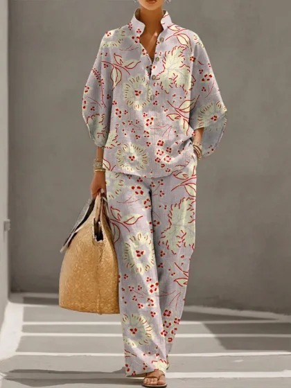 Women's Polka Dot Floral Print Long Sleeve Button-Up Top Set