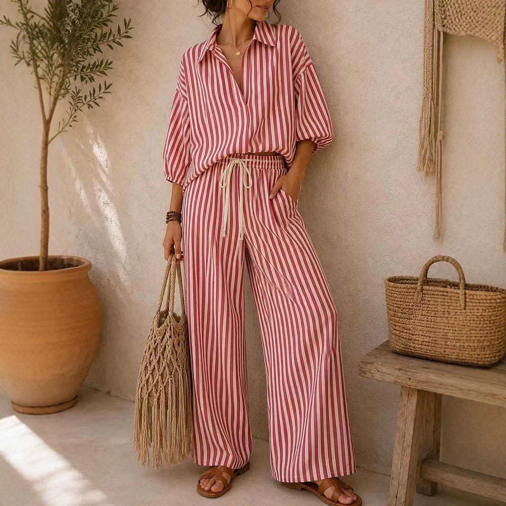 Striped Long Sleeve Shirt and Loose Pants Two-Piece Set