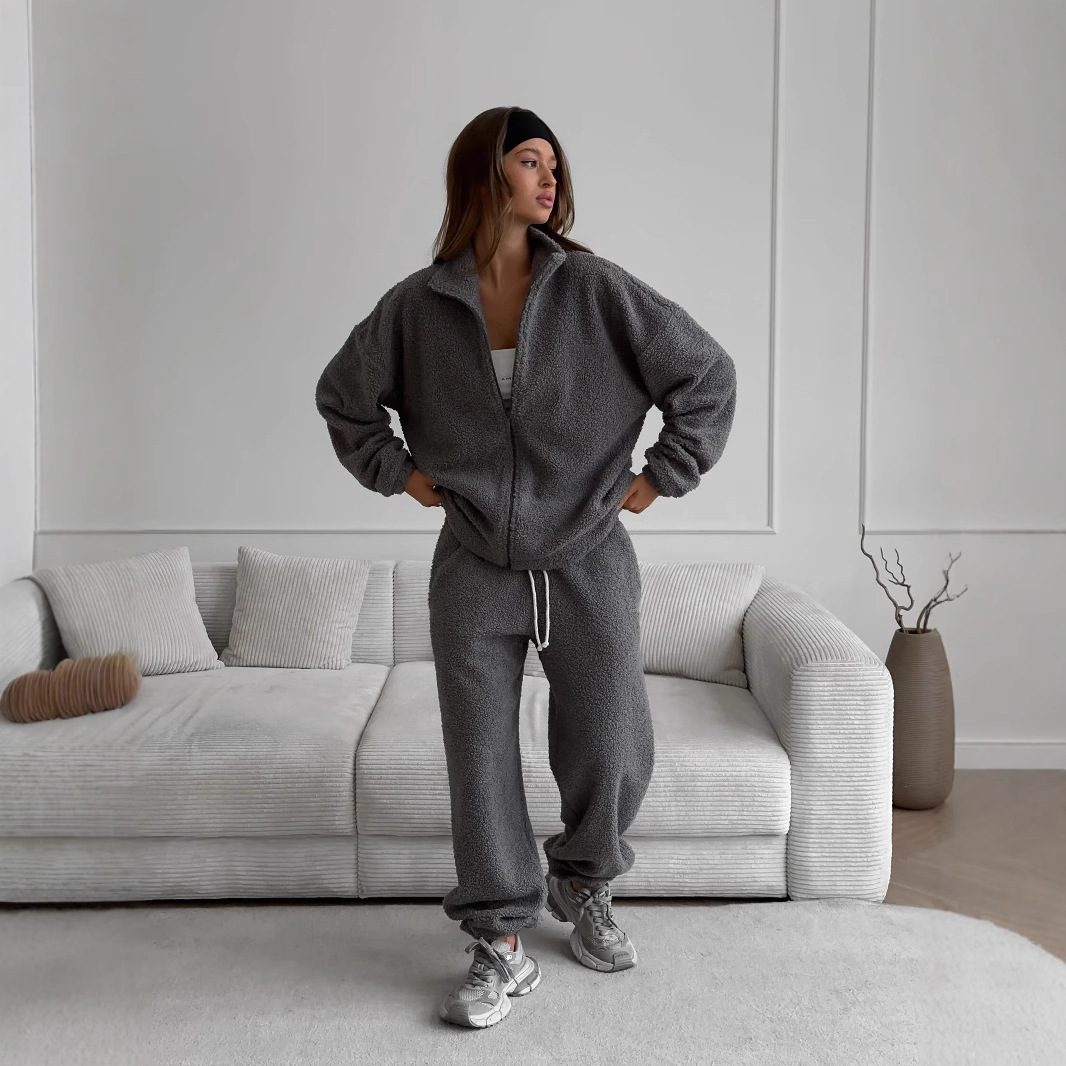Women's Fleece Cardigan Sweatsuit Set Casual Streetwear