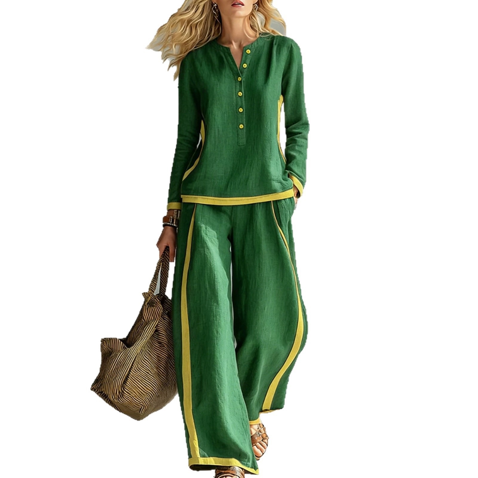 Women's Color-Block Cotton-Linen Two-Piece Set Button-Front Stand Collar Long Sleeve Top & Side-Striped
