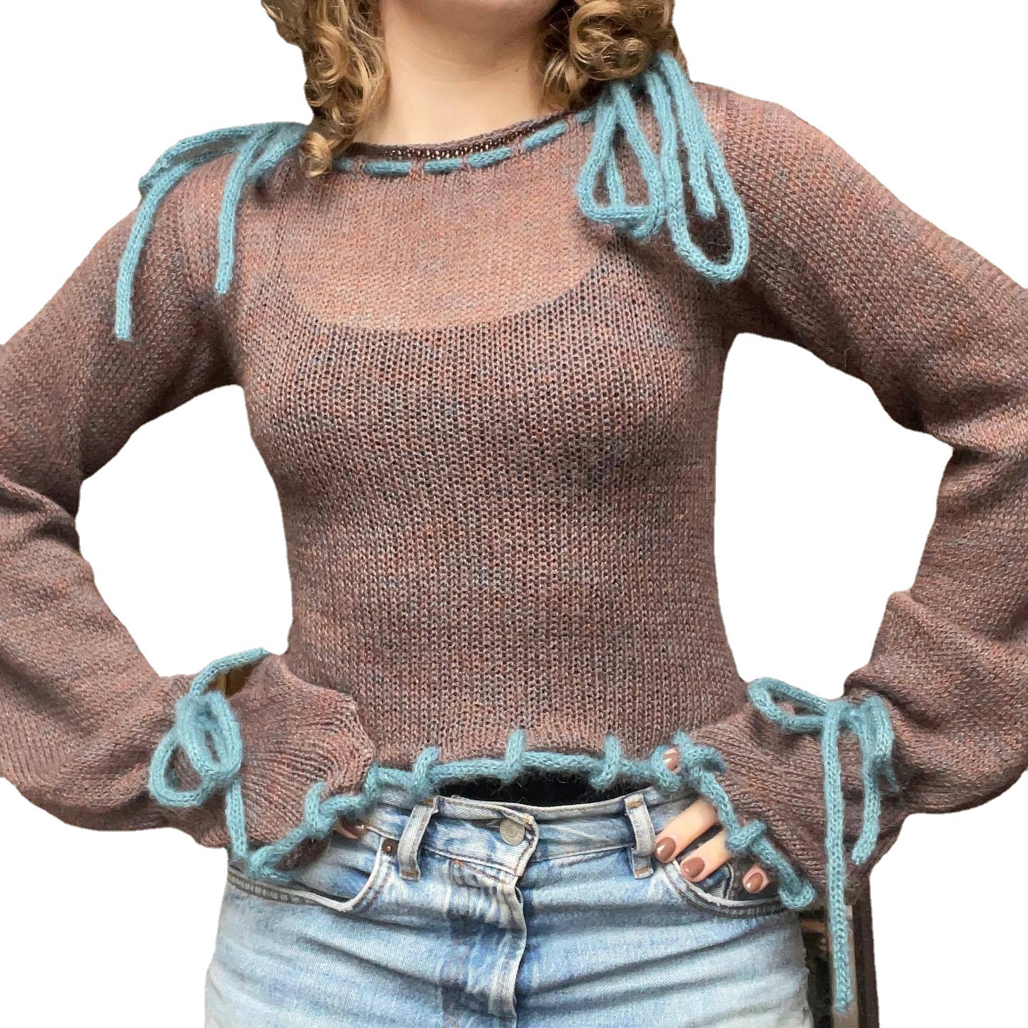 Tie-Front Sweater with Flared Sleeves Slim Fit Knit Top