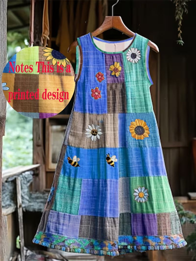 Women's Vintage Floral Plaid Sleeveless Midi Dress