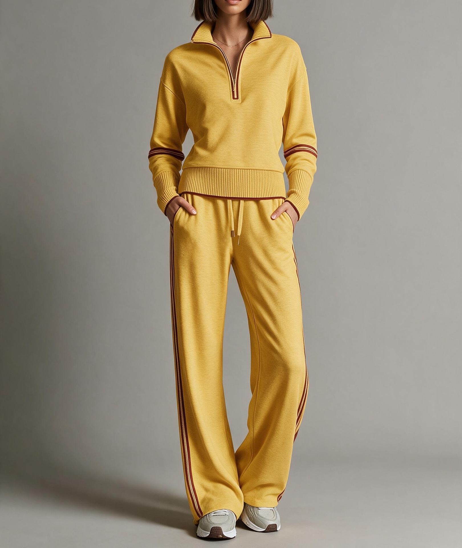 Colorblock Stand Collar Hoodie & Wide-Leg Pants Two-Piece Set