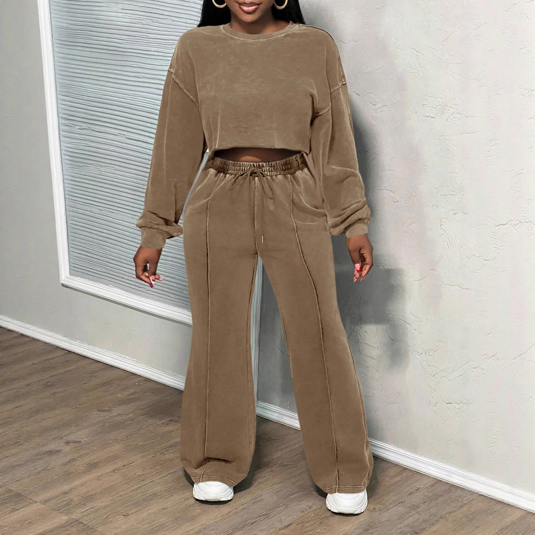 Women's Long-Sleeve Washed Zip-Up Sweatsuit Set