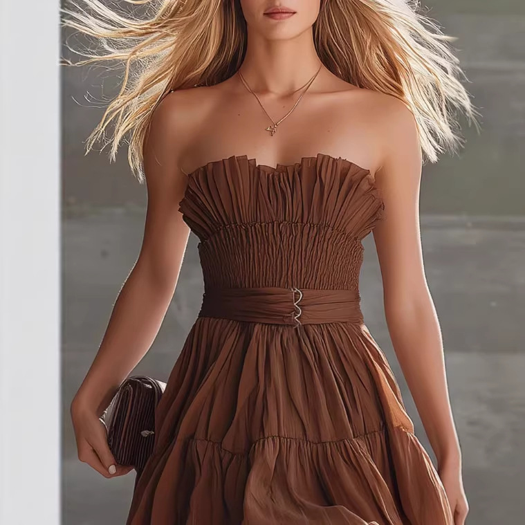Brown Chiffon Strapless Mini Dress with Bubble Hem