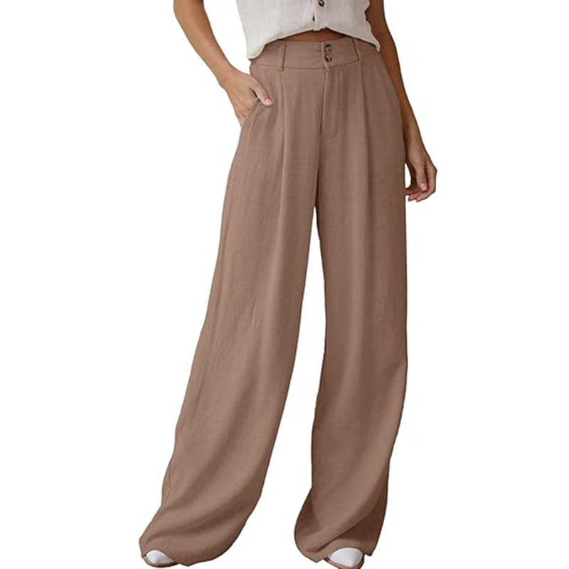 Women's Wide-Leg Cotton-Linen Pants High-Waist Flowy Straight-Leg