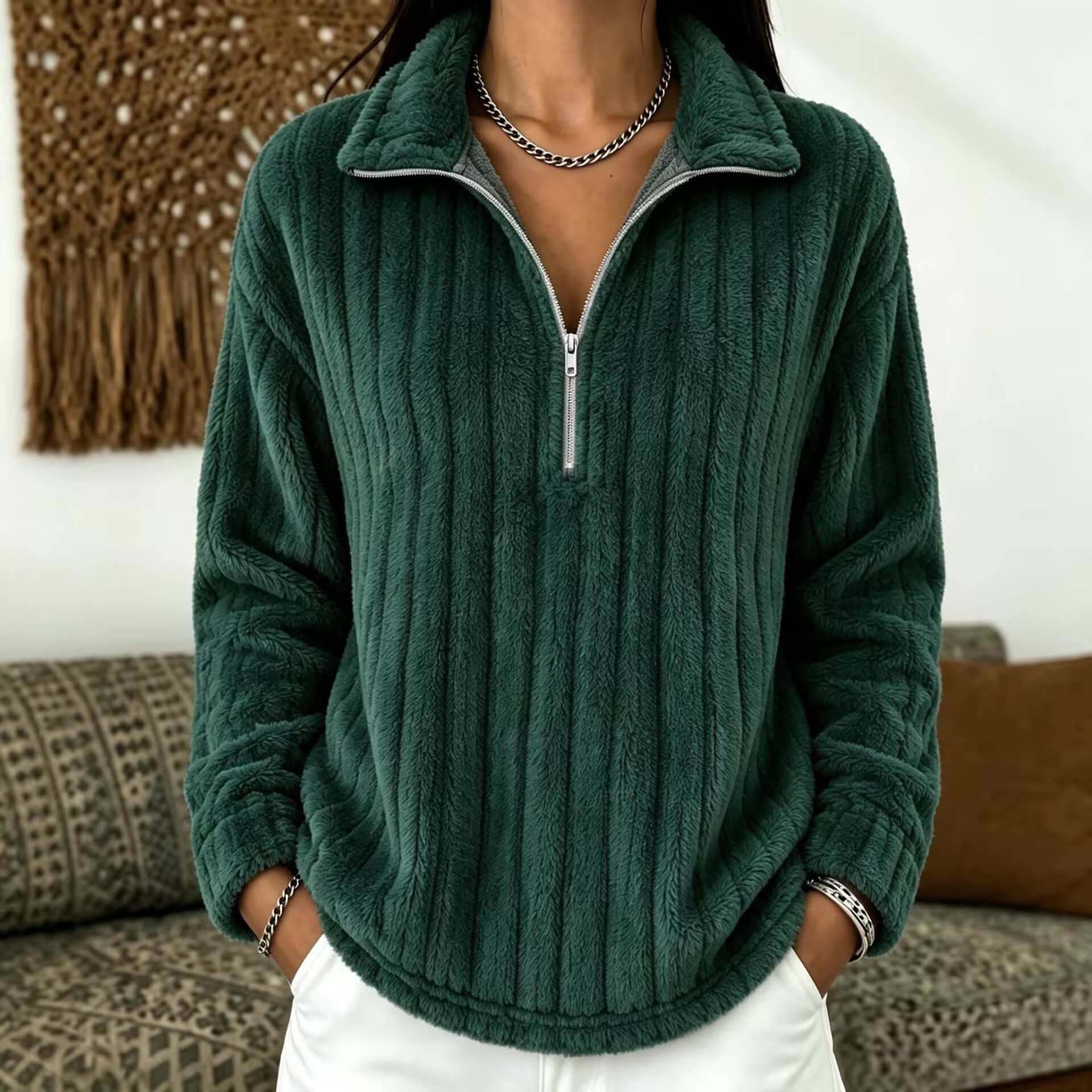 Women's Half-Zip Fleece Pullover Stand Collar Loose Fit Long Sleeve Warm Sweatshirt