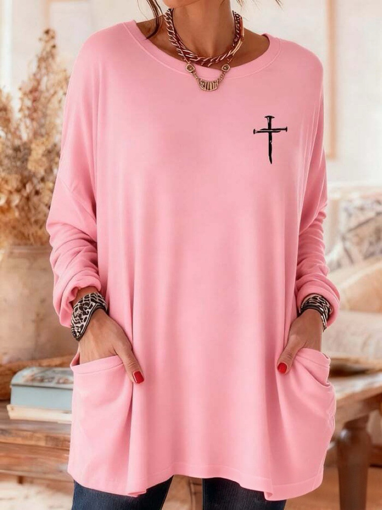 Women's Cross Print A-Line Midi Dress Long Sleeve Crew Neck Casual