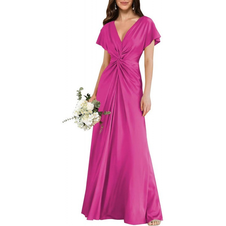 Satin Short Sleeve A-Line Dress V-Neck Midi Formal Party Bridesmaid