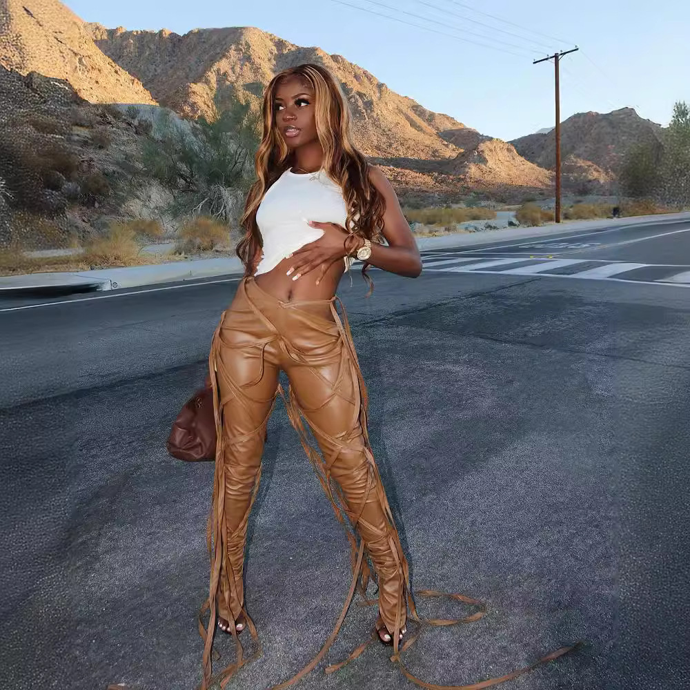 Women's PU Leather Flare Pants with Asymmetric Waist and Multi-Strap Lace-Up