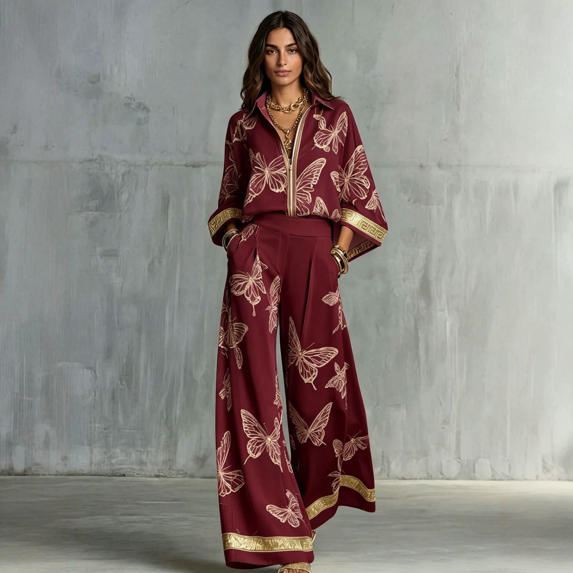Women's Vintage Print Deep V Zip Top & Wide-Leg Pants Set