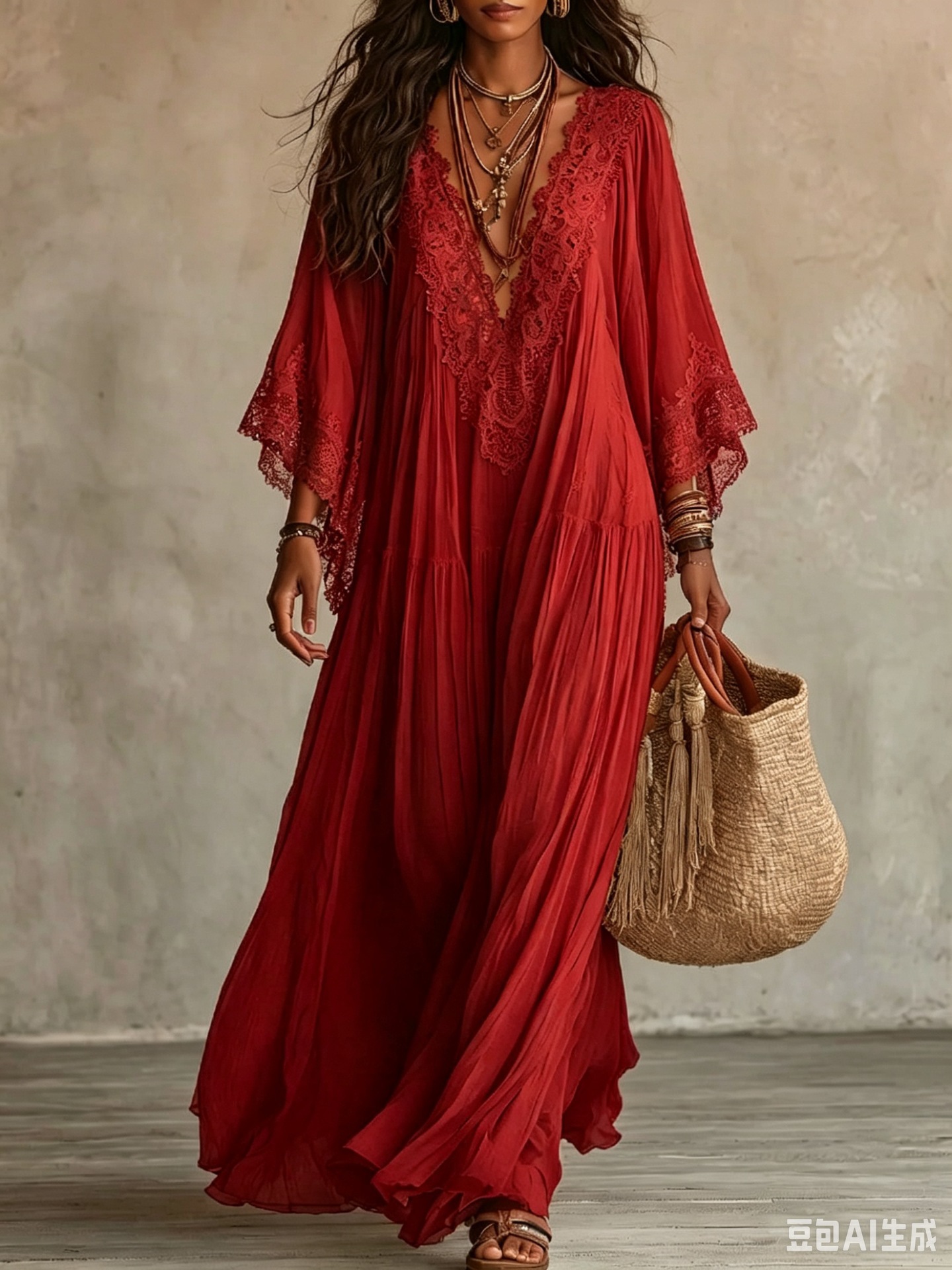 White Lace V-Neck Long Dress with Batwing Sleeves
