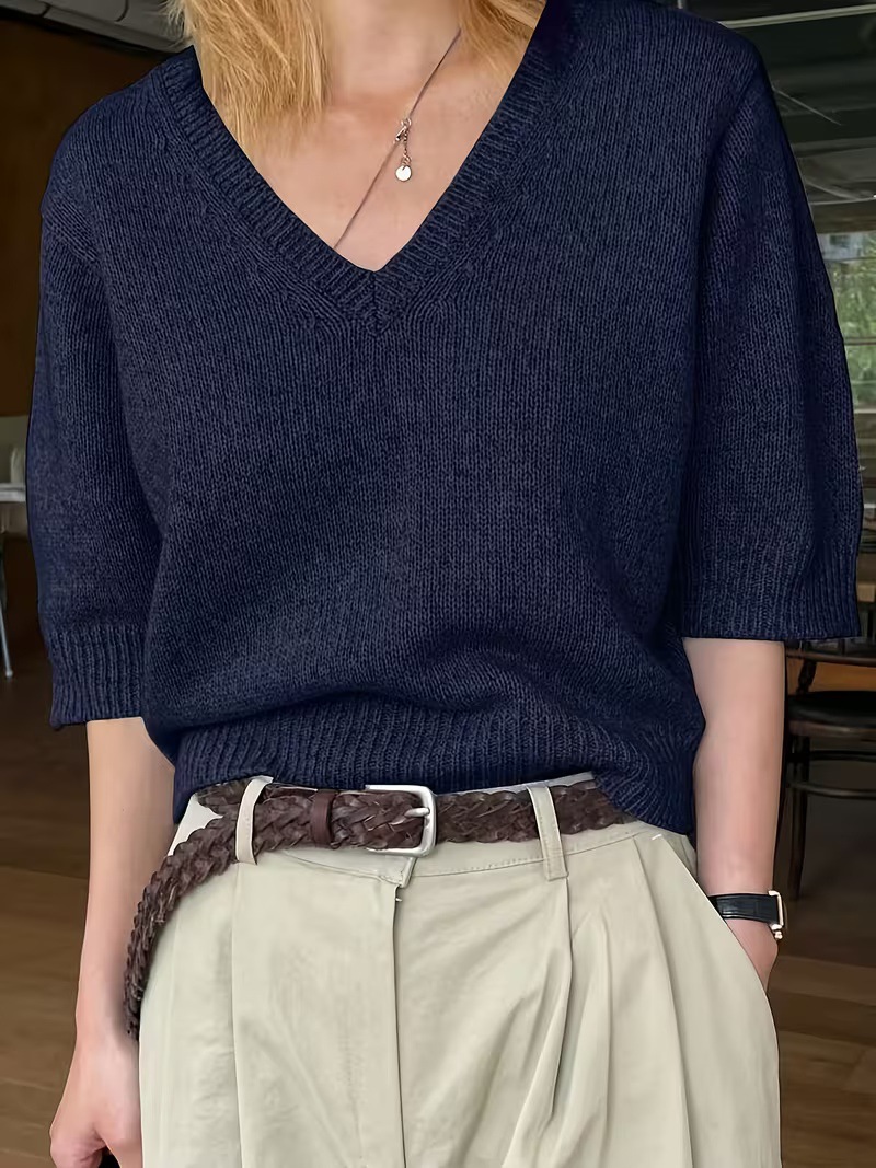 Women's Elegant V-Neck Knit Short-Sleeve Top