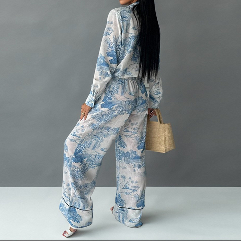 Women's Printed Shirt & Wide-Leg Pants Set – Commute Casual Two-Piece