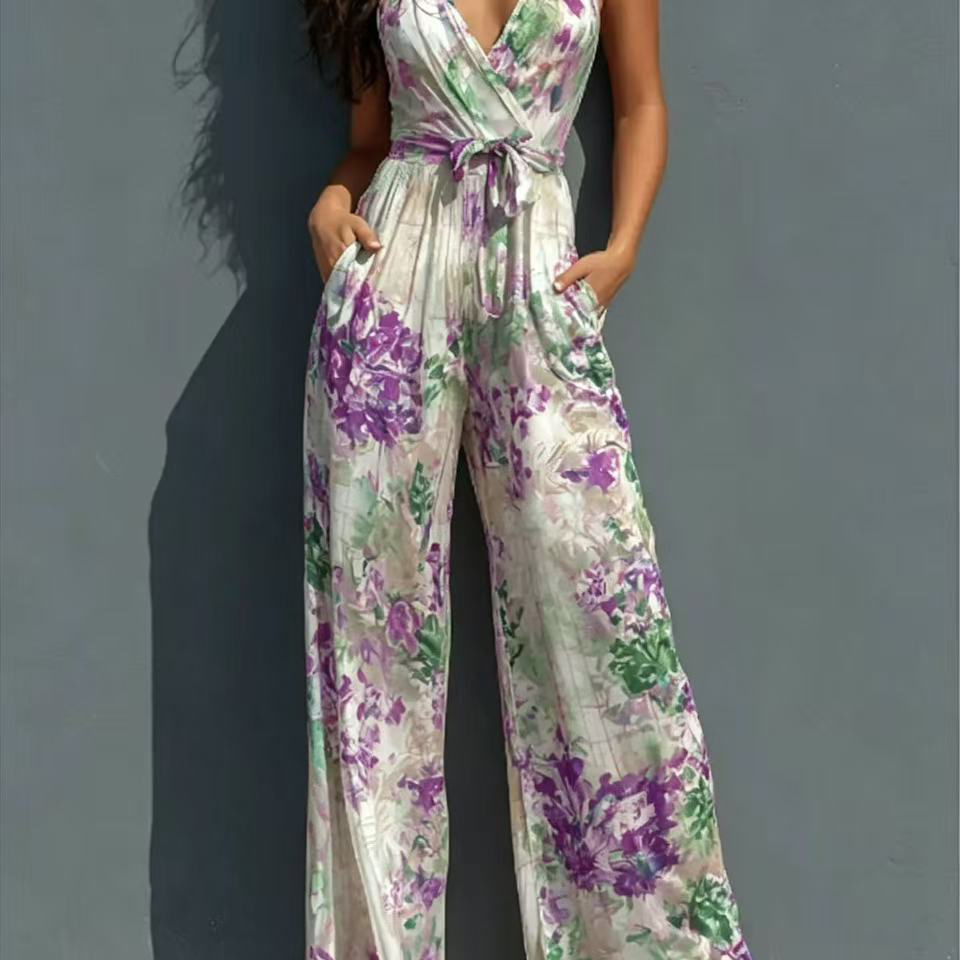 Women's Halter Deep V Printed Jumpsuit High Waist Tie Wide Leg