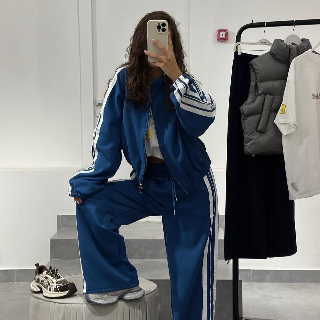 Oversize Stand Collar Tracksuit for Women Full-Zip Loose Jacket & High-Waist Wide-Leg Sweatpants 2-Piece Set