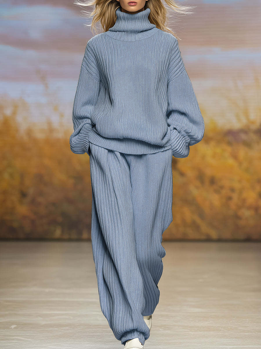 Women's Casual Knit Turtleneck Wide-Leg Pants Set