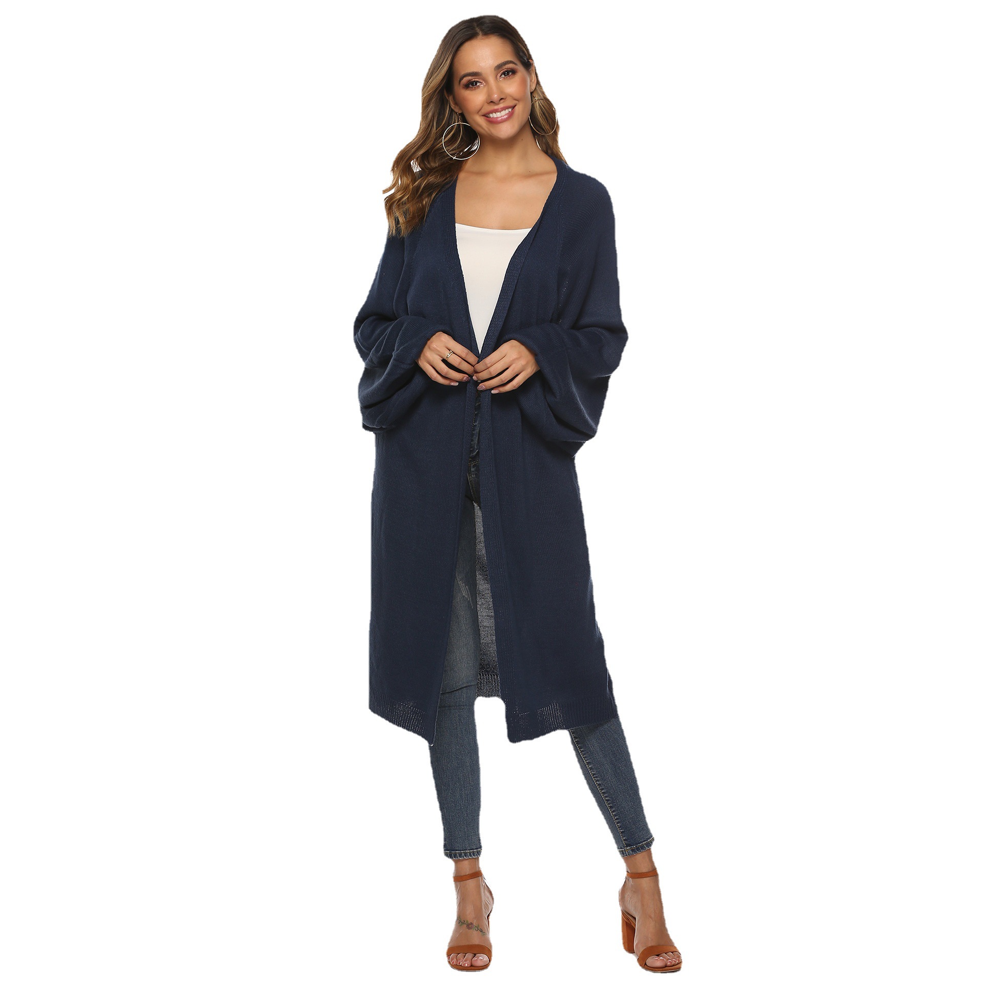 Women's Solid Color Bell Sleeve Batwing Loose Midi Knit Cardigan