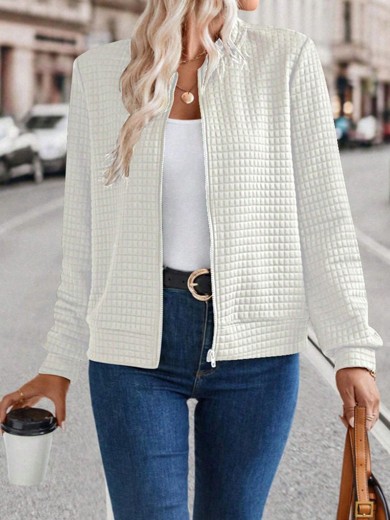 Women's Solid Color Zip-Up Jacket with Textured Finish