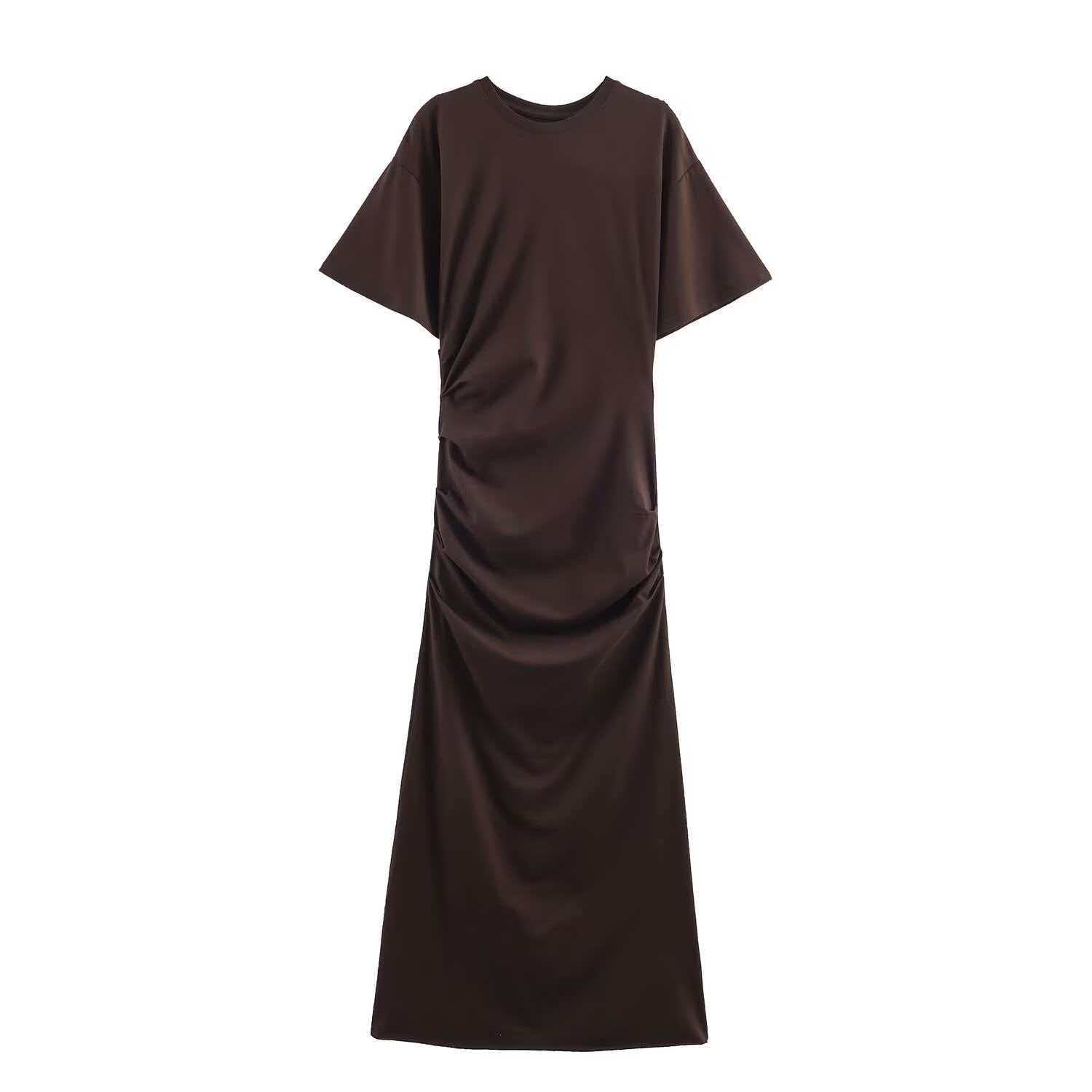 Women's Chocolate Brown Ruched Bodycon Dress Short Sleeve High Waist