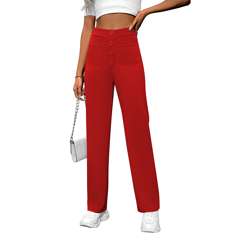 High-Waist Wide-Leg Button Pants with Pockets Casual Straight-Leg Trousers
