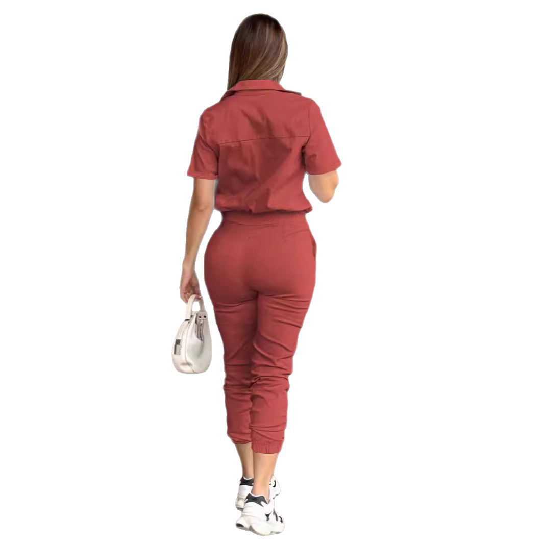 Women's Casual Jumpsuit with Collar, Pockets, Elastic Waist and Button Detail