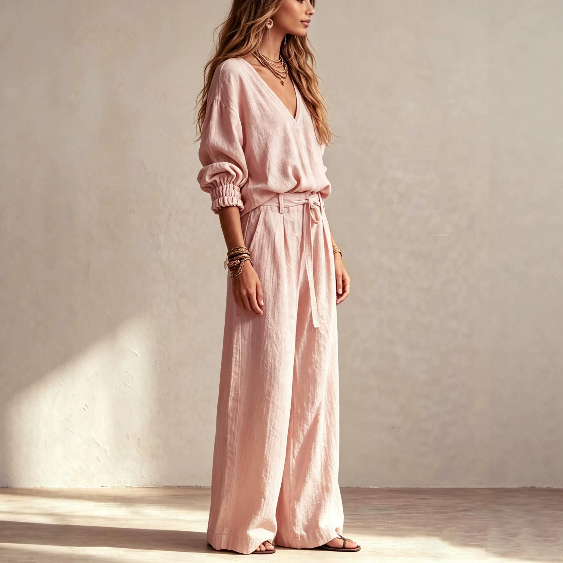 Women's Casual Two-Piece Set Loose V-Neck Top & Wide-Leg Pants with Belt