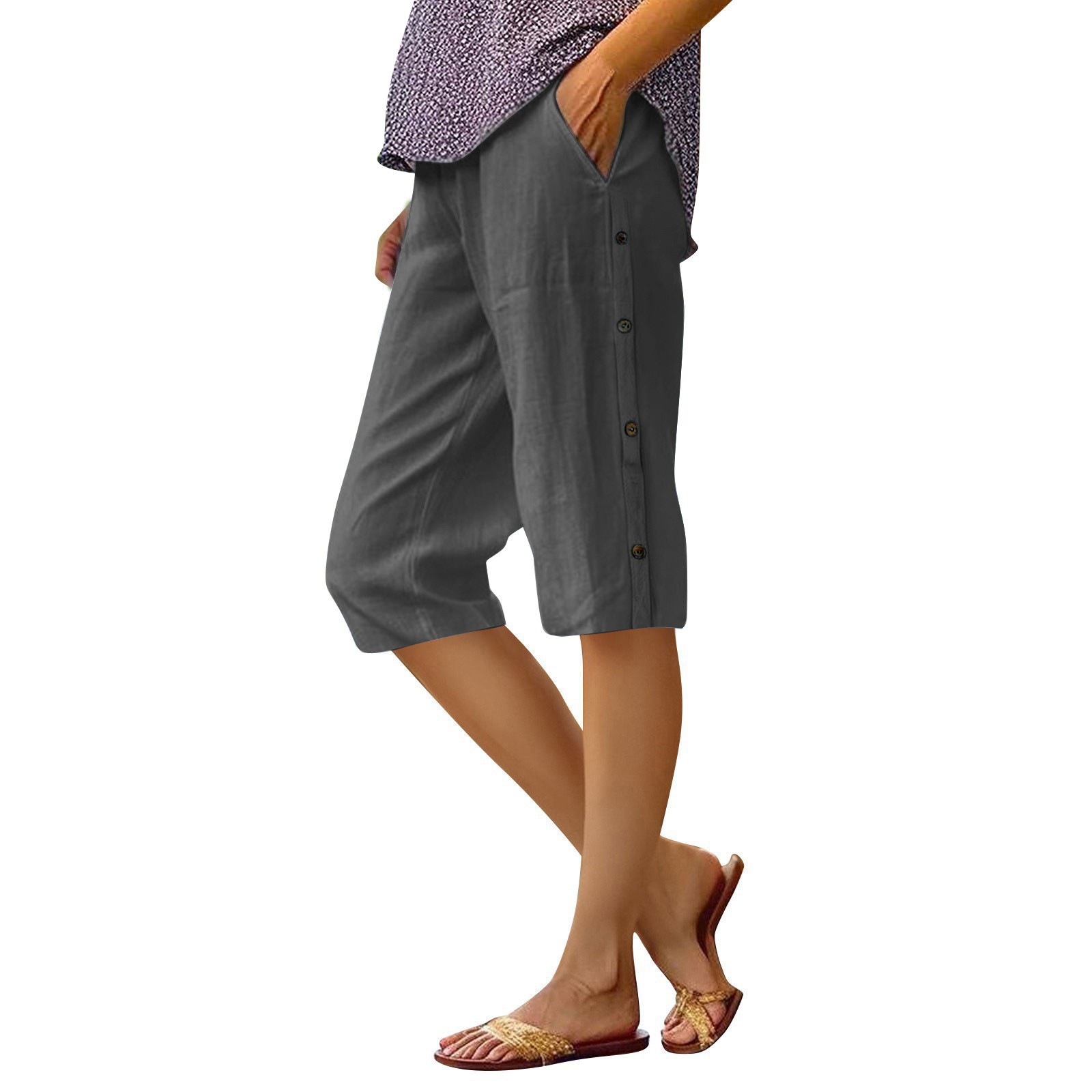 Cotton-Linen Cropped Pants with Side Button Detail and Pockets