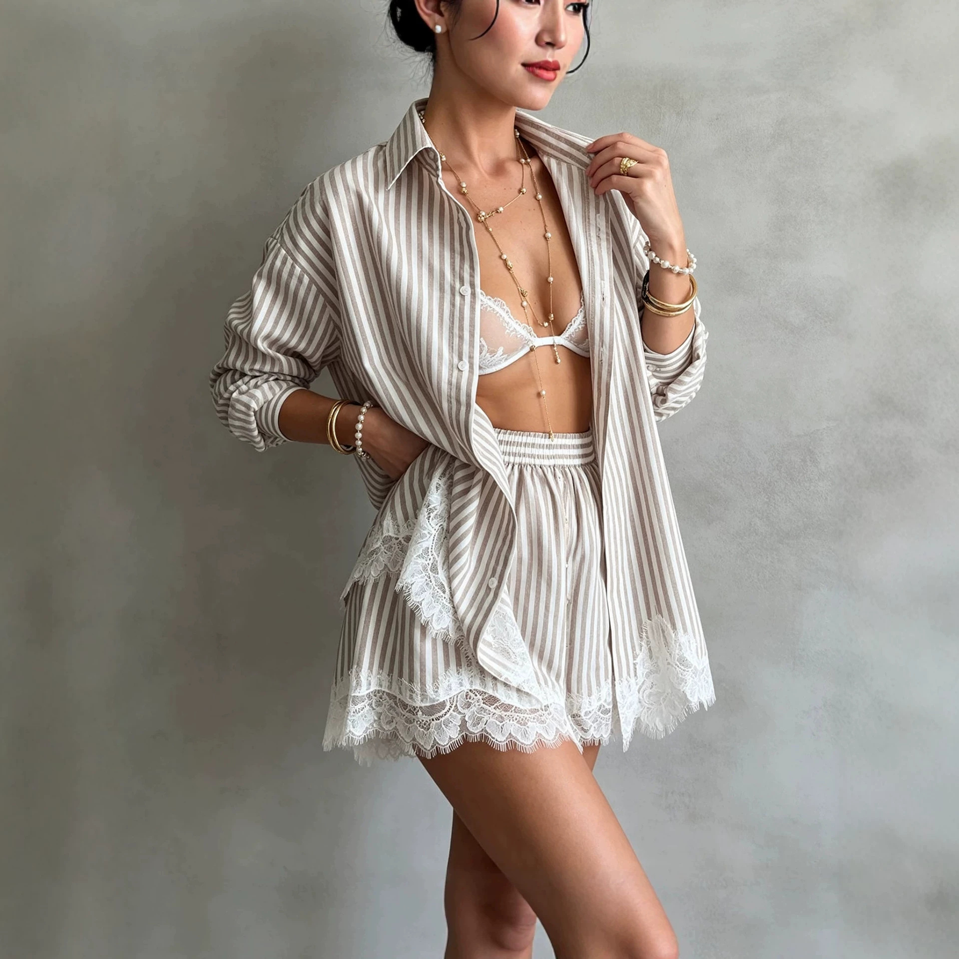 Lace Trim Striped Long Sleeve Shirt and Shorts Set Casual Women's Outfit