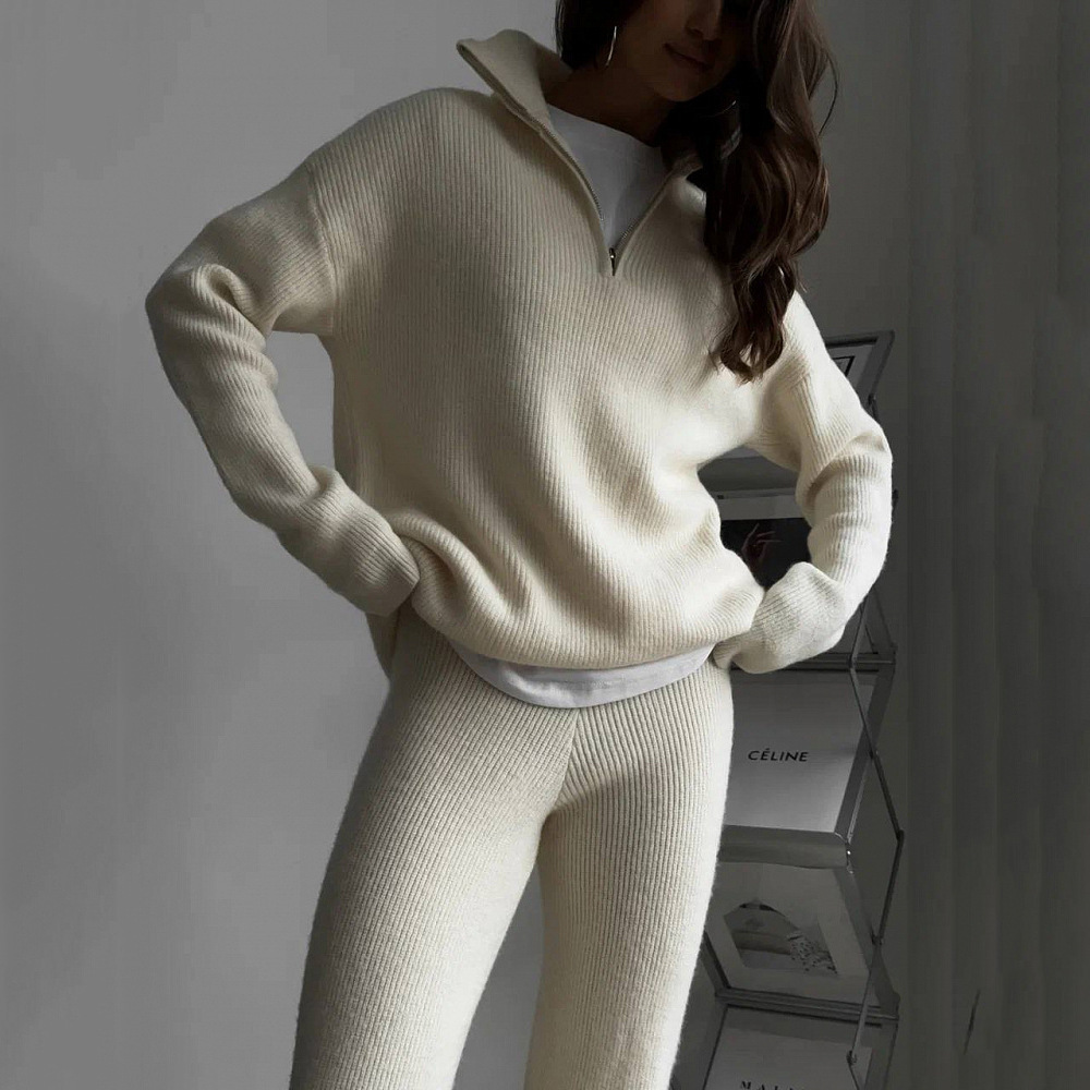 Women's Half-Zip Collared Knit Pant Set Casual Streetwear