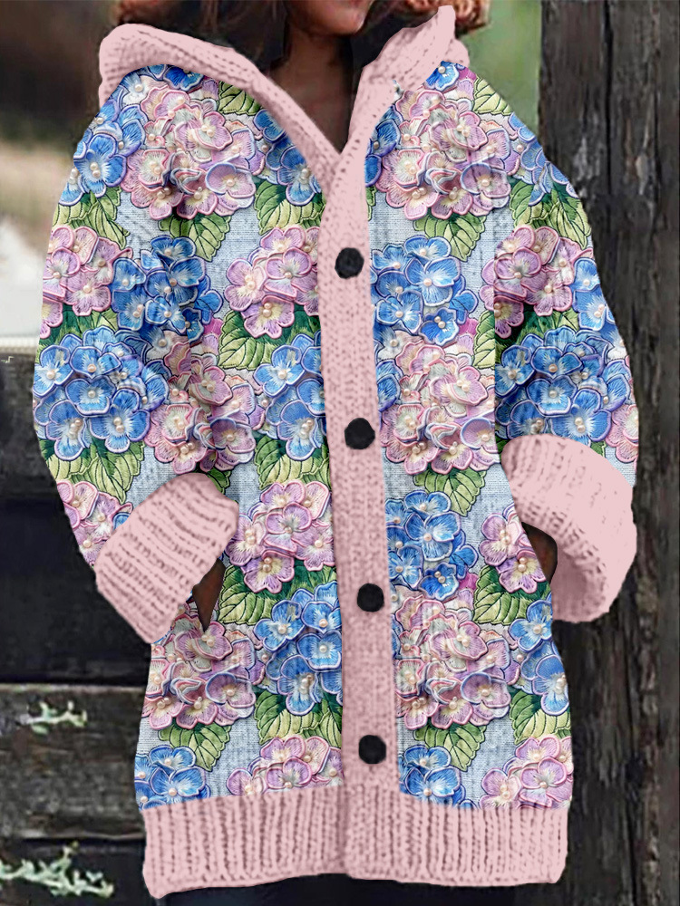 Women's Floral Puppy Rose Print Hooded Button Cardigan Sweater