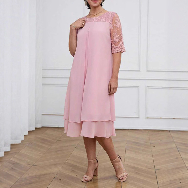 Elegant Solid Lace Half-Sleeve Round-Neck Midi Dress