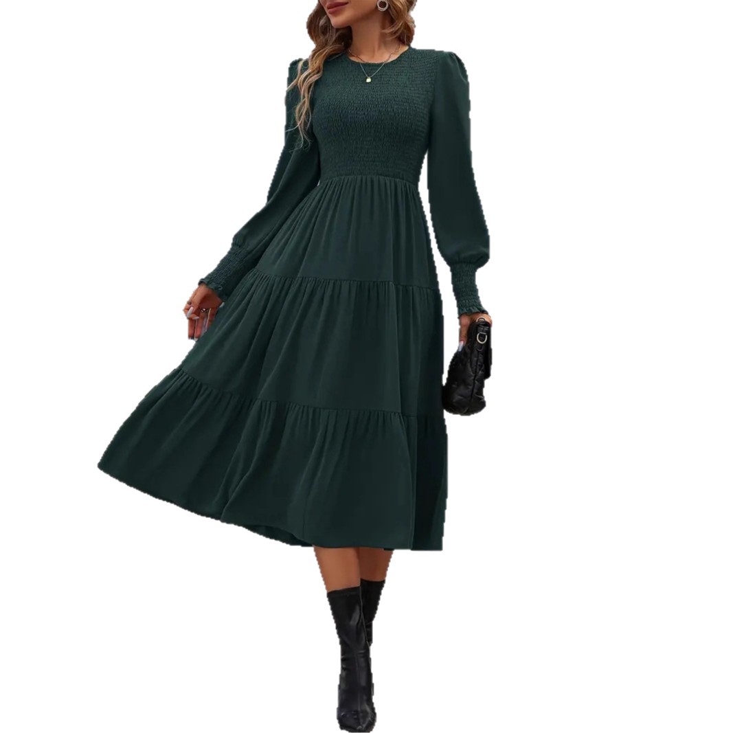 Elegant Ruffle Cuff Dress Solid Crew Neck A-Line Midi Dress