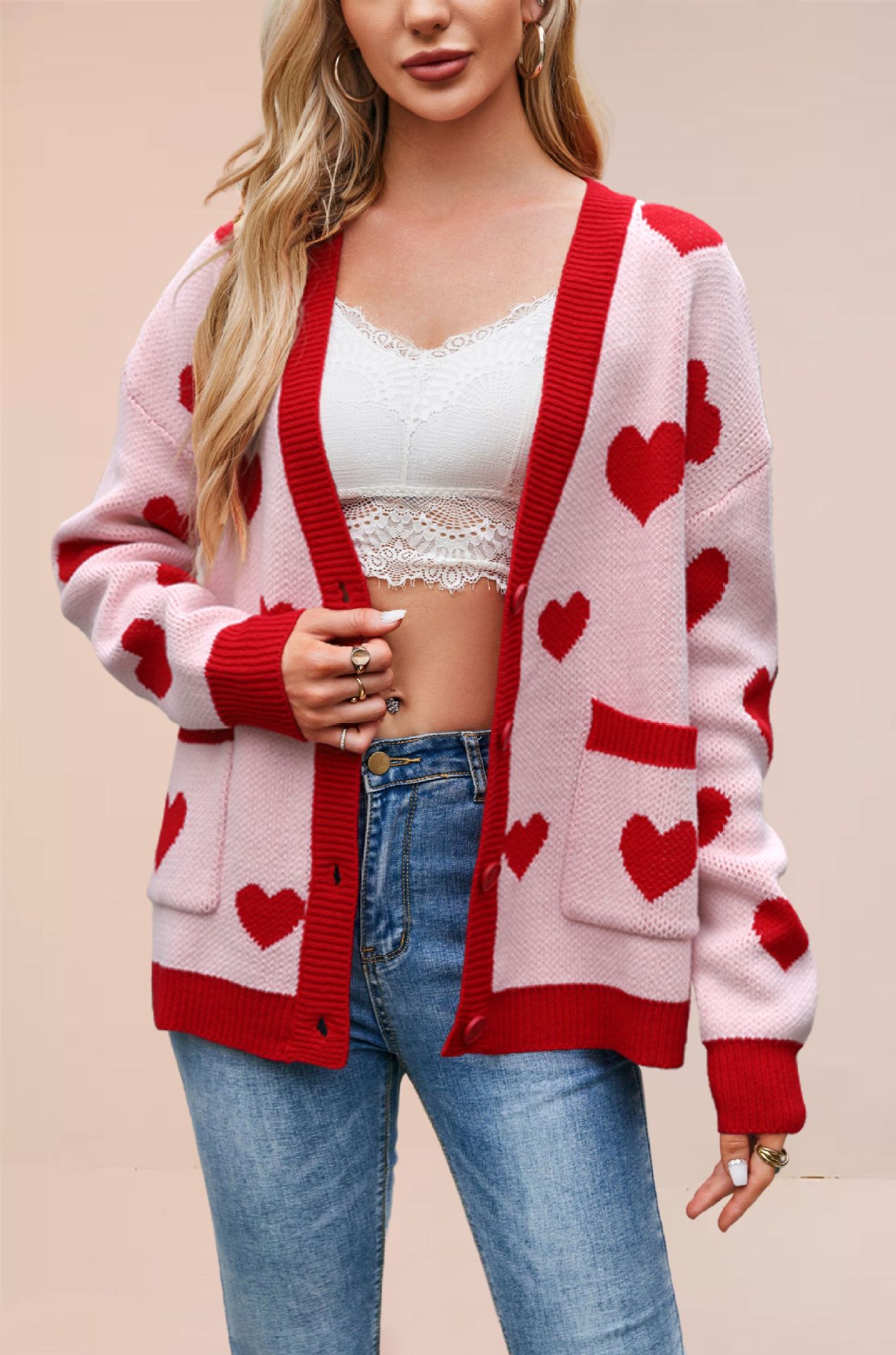 Heart Jacquard V-Neck Cardigan with Pockets