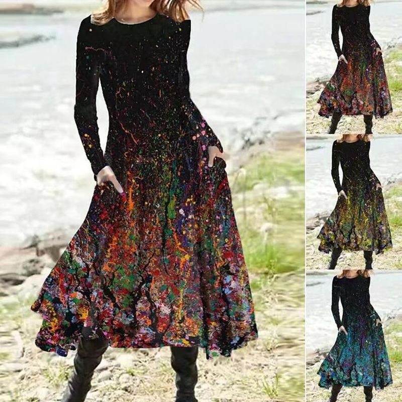 Women's Gradient Print A-Line Midi Dress with Pockets Long Sleeve Crew Neck