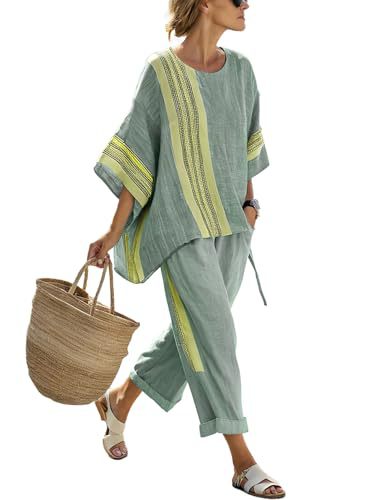 Bohemian Print Women's Two-Piece Set with Crew Neck, Three-Quarter Sleeves, and Cropped Pants